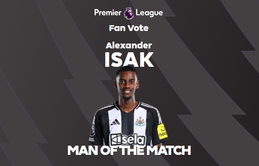 進(jìn)球+4關(guān)鍵傳球，英超官方：伊薩克當選紐卡3-0維拉全場(chǎng)最佳